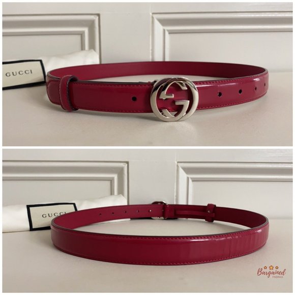 Authentic Gucci Red Calfskin Leather Silver Interlocking G Buckle Belt 80/32 - Picture 5 of 13